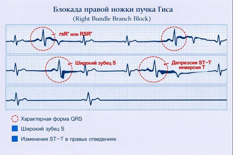 Блокада правой ножки пучка Гиса: причины, ЭКГ-признаки и значение